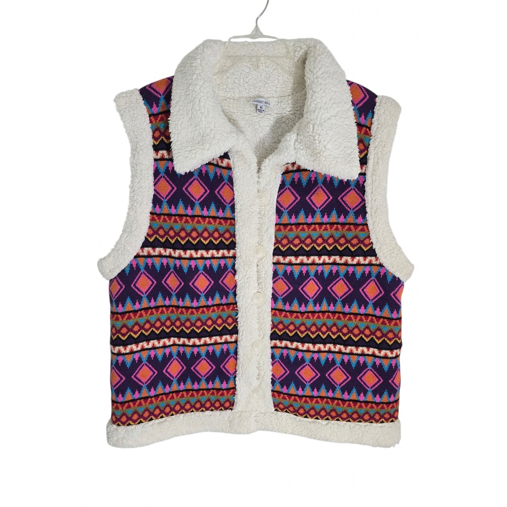 Johnny Was Alpaca Blend Fair Isle Sherpa Lined Vest Purple Geometric M67723 XL